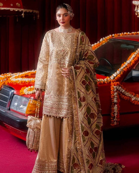 "Embroidered Cosmos Silk Sharara Set with Organza Dupatta and Golden Lace"