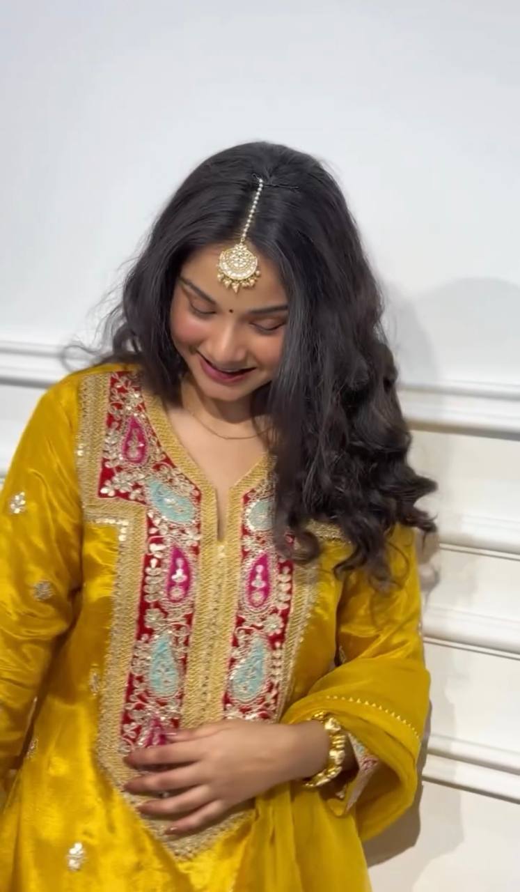 "Exquisite Heavy Chinon Silk Gharara Set with Embroidered Top & Dupatta"