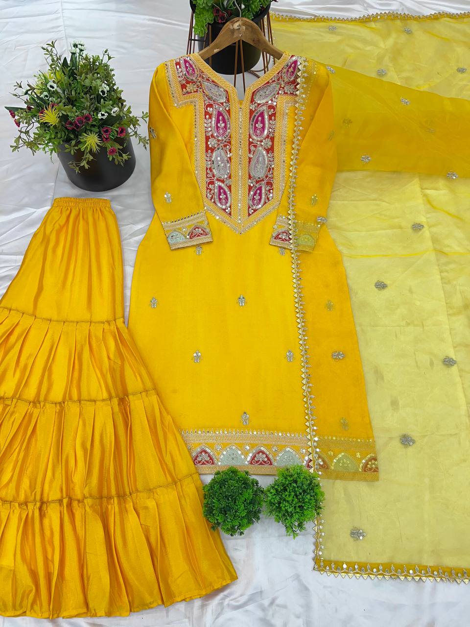 "Exquisite Heavy Chinon Silk Gharara Set with Embroidered Top & Dupatta"