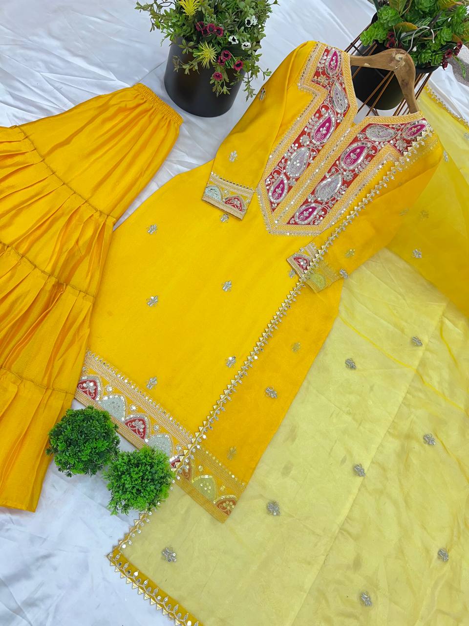 "Exquisite Heavy Chinon Silk Gharara Set with Embroidered Top & Dupatta"