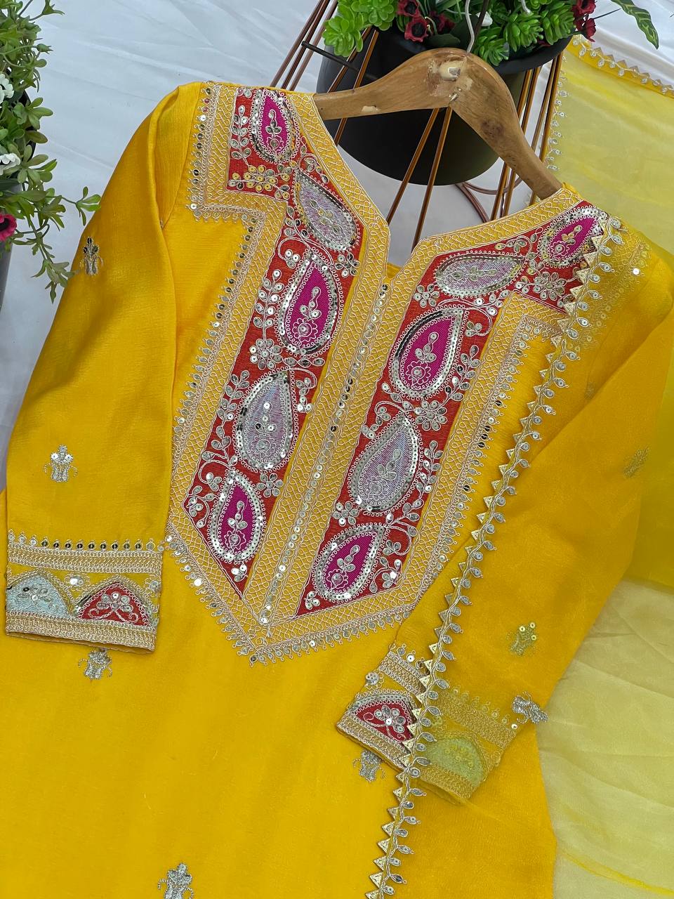 "Exquisite Heavy Chinon Silk Gharara Set with Embroidered Top & Dupatta"