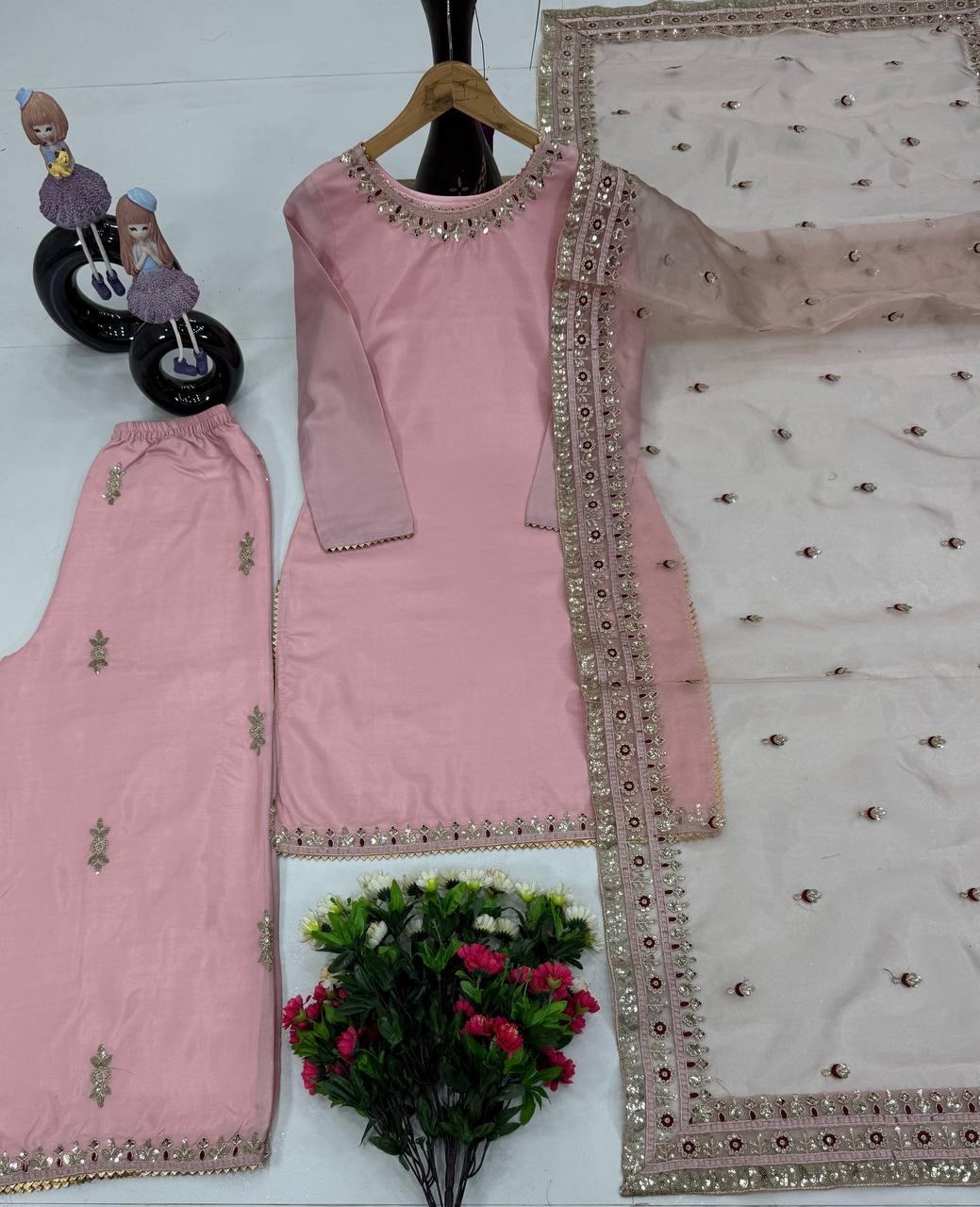 "Exquisite Heavy Dull Satin Embroidered Top & Palazzo Set with Sequenced Work and Soft Organza Dupatta"