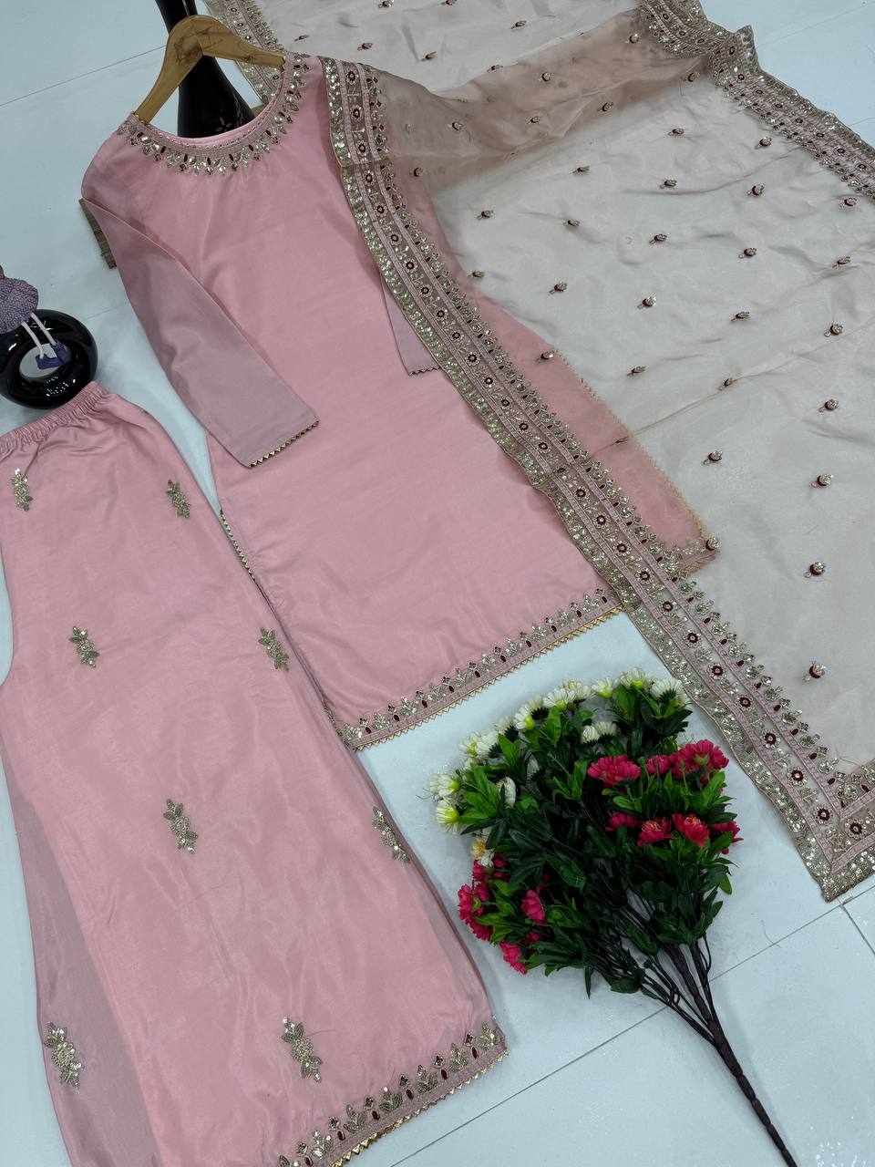 "Exquisite Heavy Dull Satin Embroidered Top & Palazzo Set with Sequenced Work and Soft Organza Dupatta"