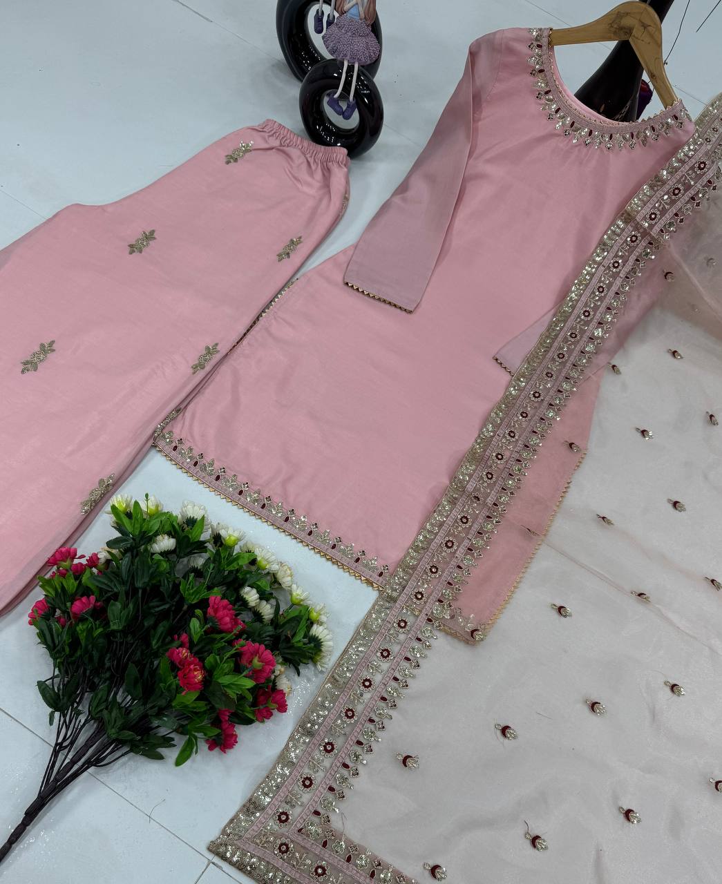 "Exquisite Heavy Dull Satin Embroidered Top & Palazzo Set with Sequenced Work and Soft Organza Dupatta"