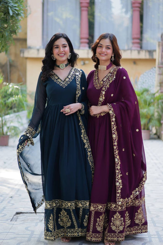 "Radiant Elegance: Faux Blooming Georgette Gown with Zari Thread & Sequins Embroidery"