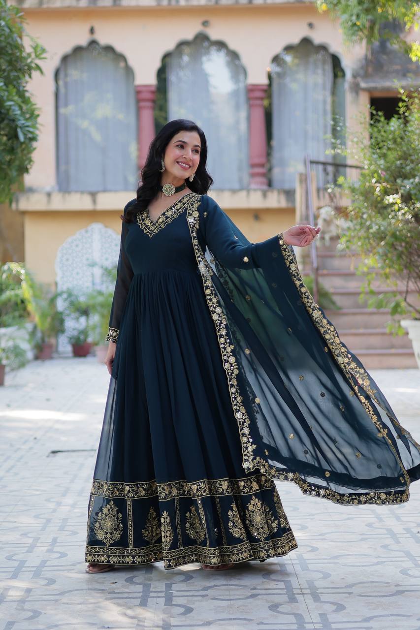 "Radiant Elegance: Faux Blooming Georgette Gown with Zari Thread & Sequins Embroidery"