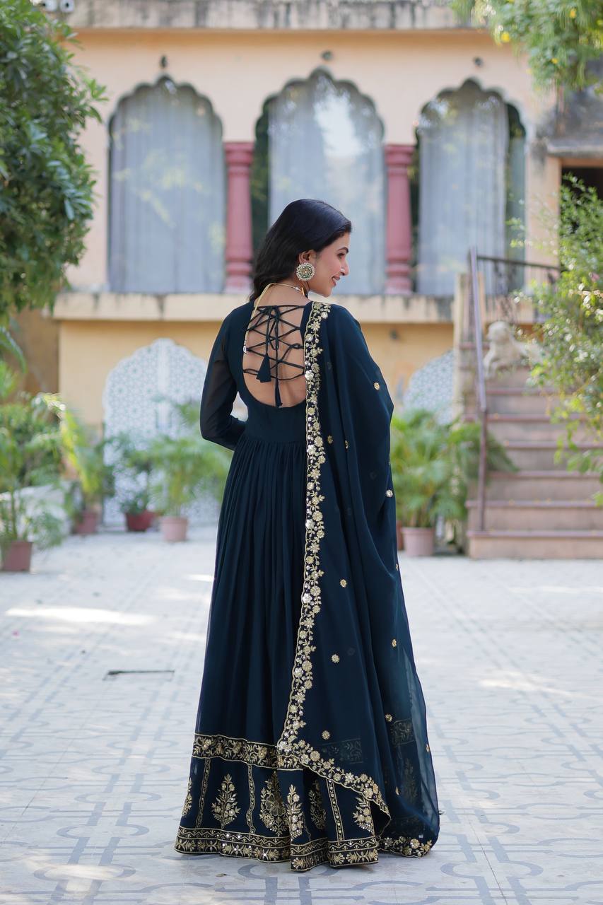"Radiant Elegance: Faux Blooming Georgette Gown with Zari Thread & Sequins Embroidery"