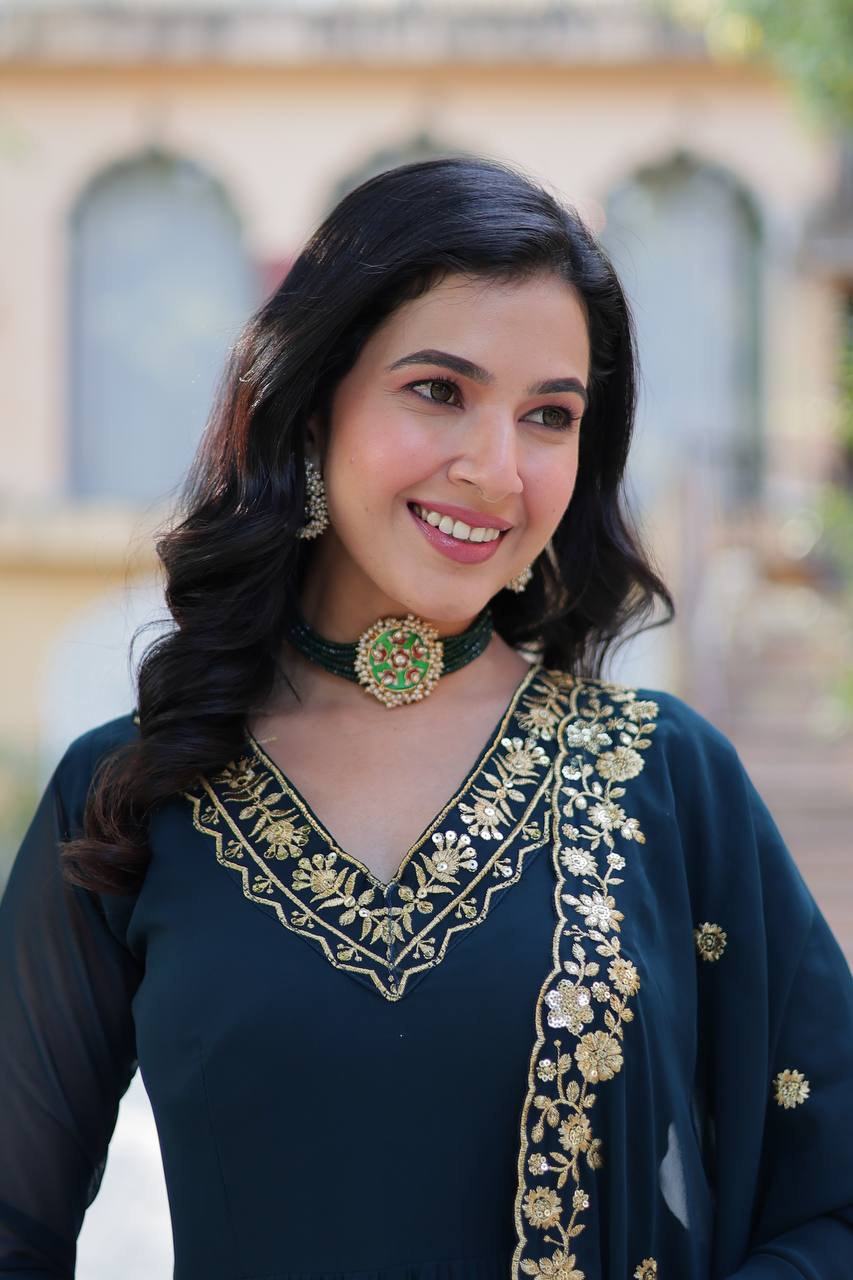 "Radiant Elegance: Faux Blooming Georgette Gown with Zari Thread & Sequins Embroidery"