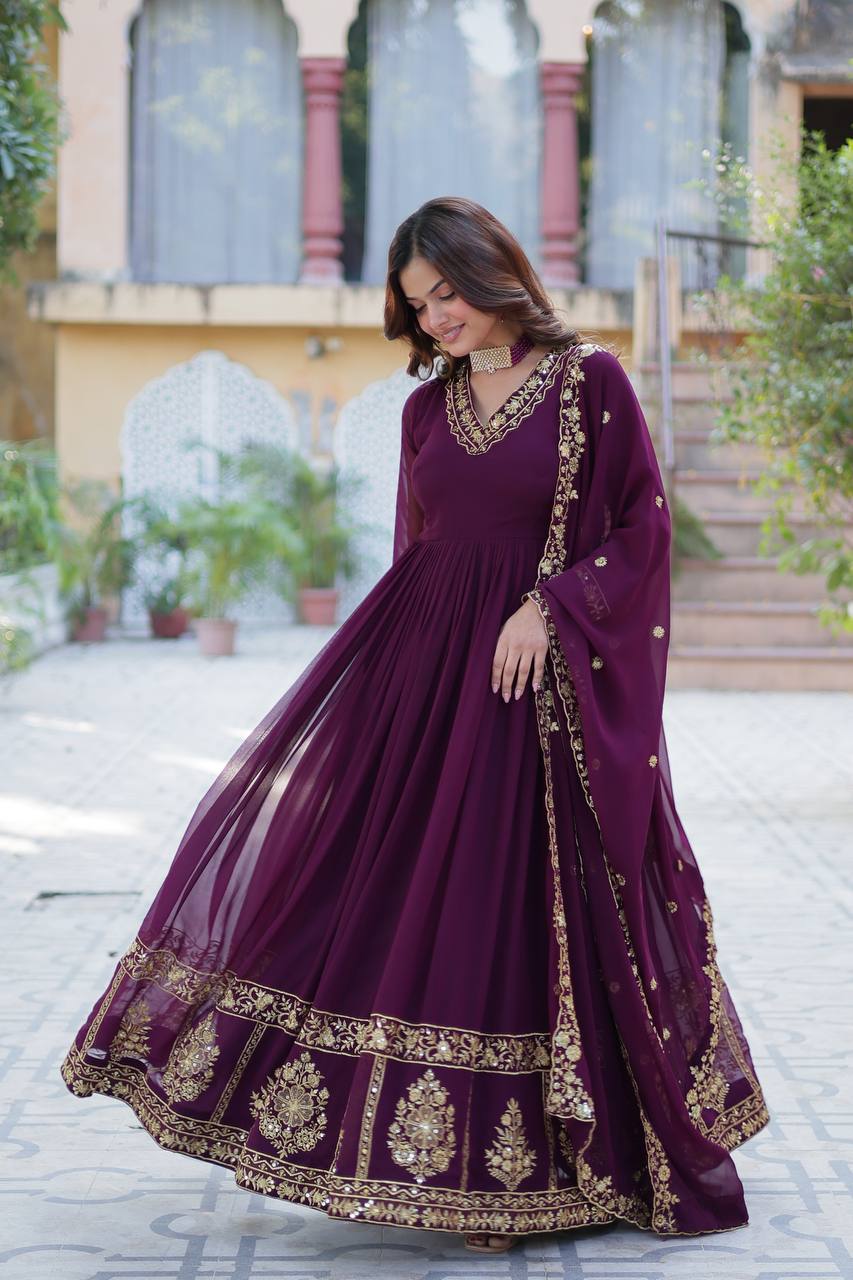 "Radiant Elegance: Faux Blooming Georgette Gown with Zari Thread & Sequins Embroidery"