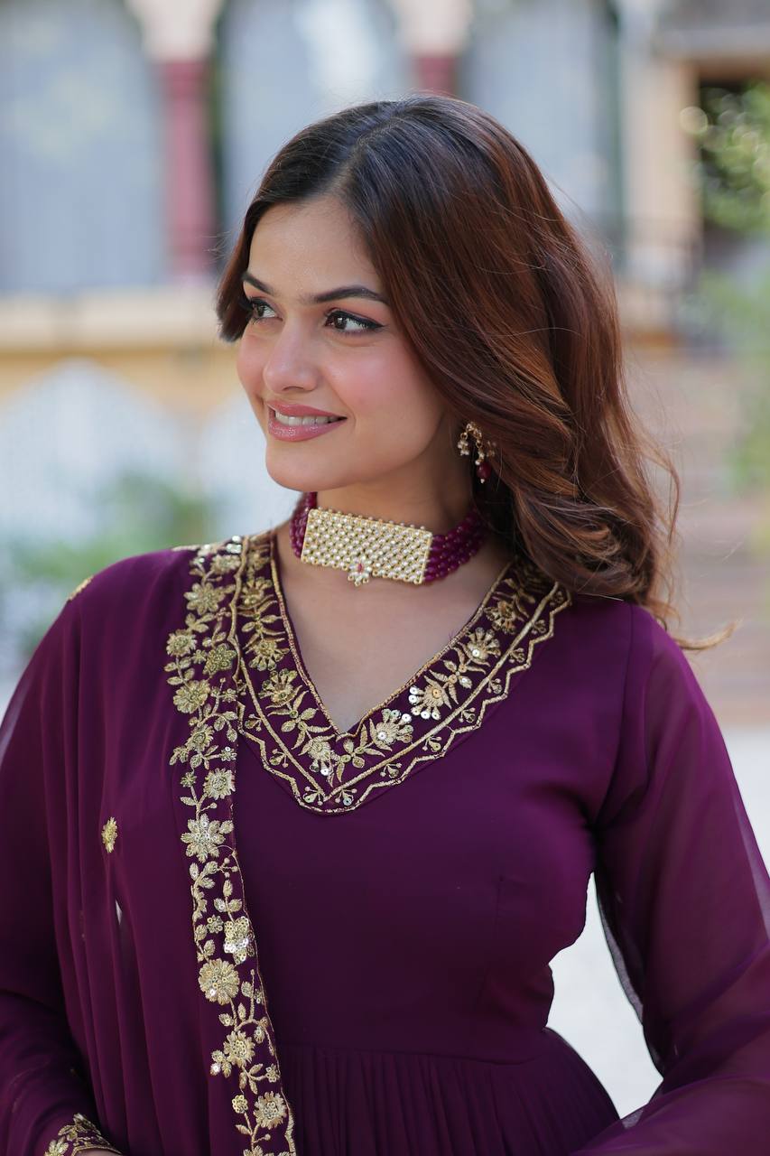 "Radiant Elegance: Faux Blooming Georgette Gown with Zari Thread & Sequins Embroidery"