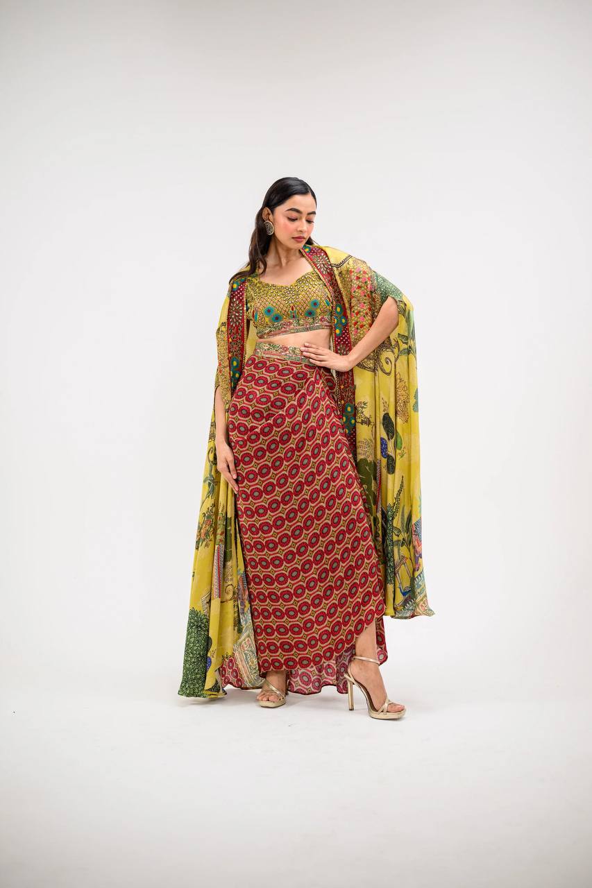 "Elegant Malai Sartin Tube Blouse, Dhoti & Shrug Set with Mirror Work"