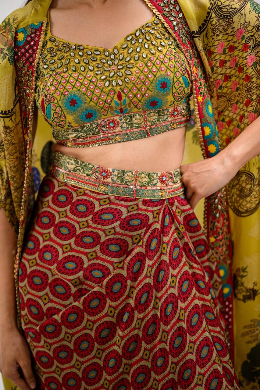 "Elegant Malai Sartin Tube Blouse, Dhoti & Shrug Set with Mirror Work"