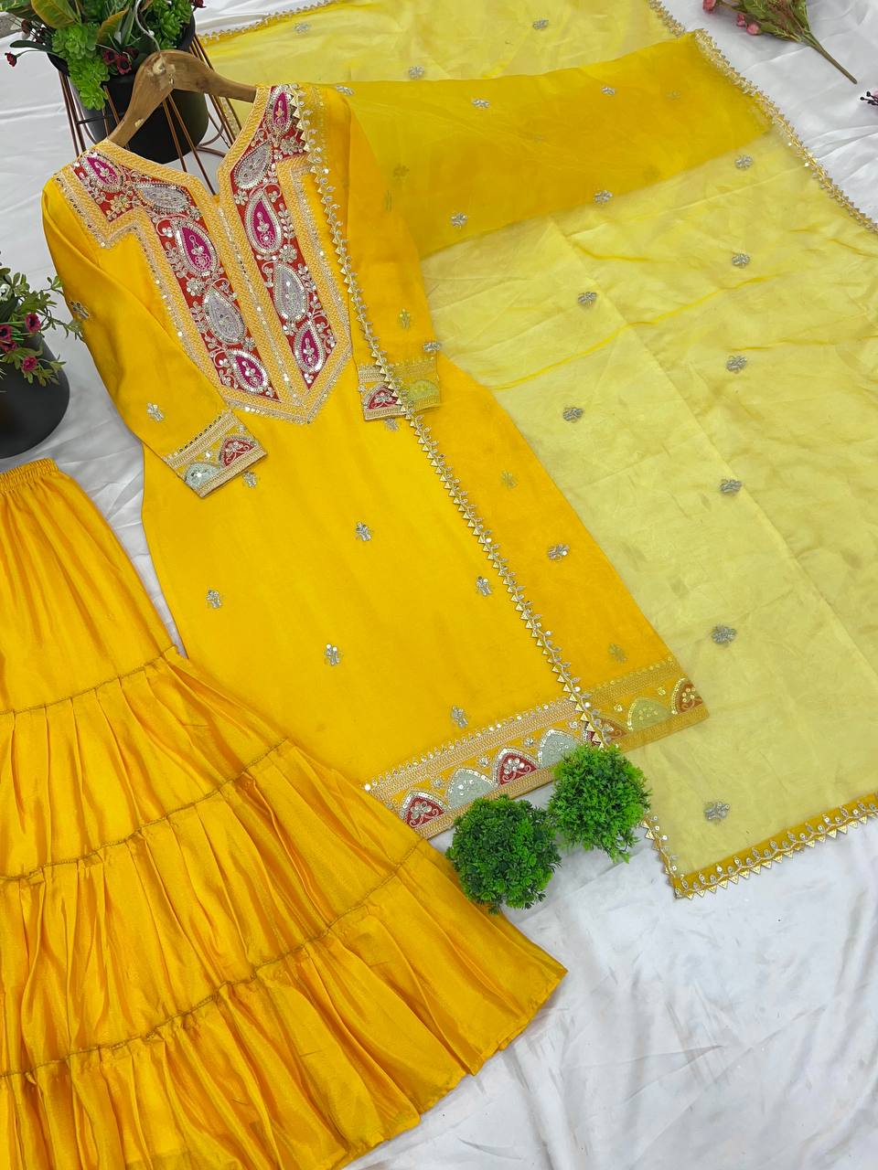 "Exquisite Heavy Chinon Silk Gharara Set with Embroidered Top & Dupatta"