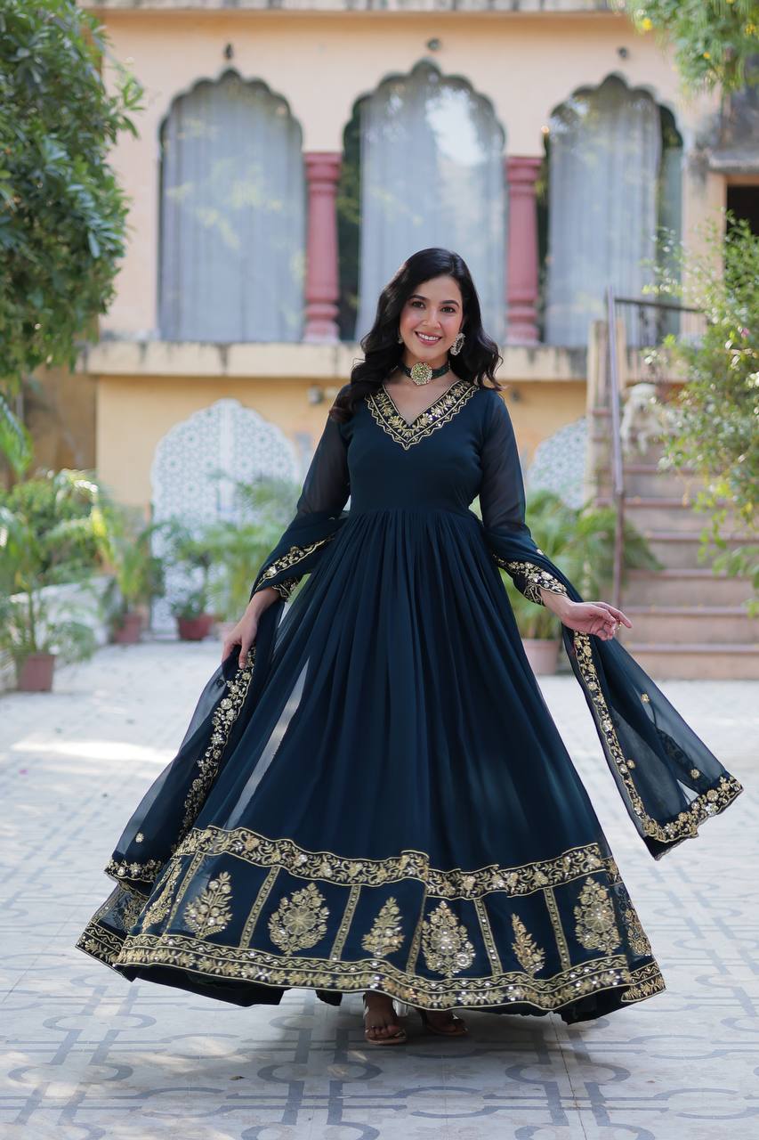 "Radiant Elegance: Faux Blooming Georgette Gown with Zari Thread & Sequins Embroidery"