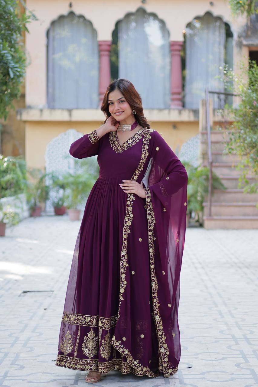 "Radiant Elegance: Faux Blooming Georgette Gown with Zari Thread & Sequins Embroidery"