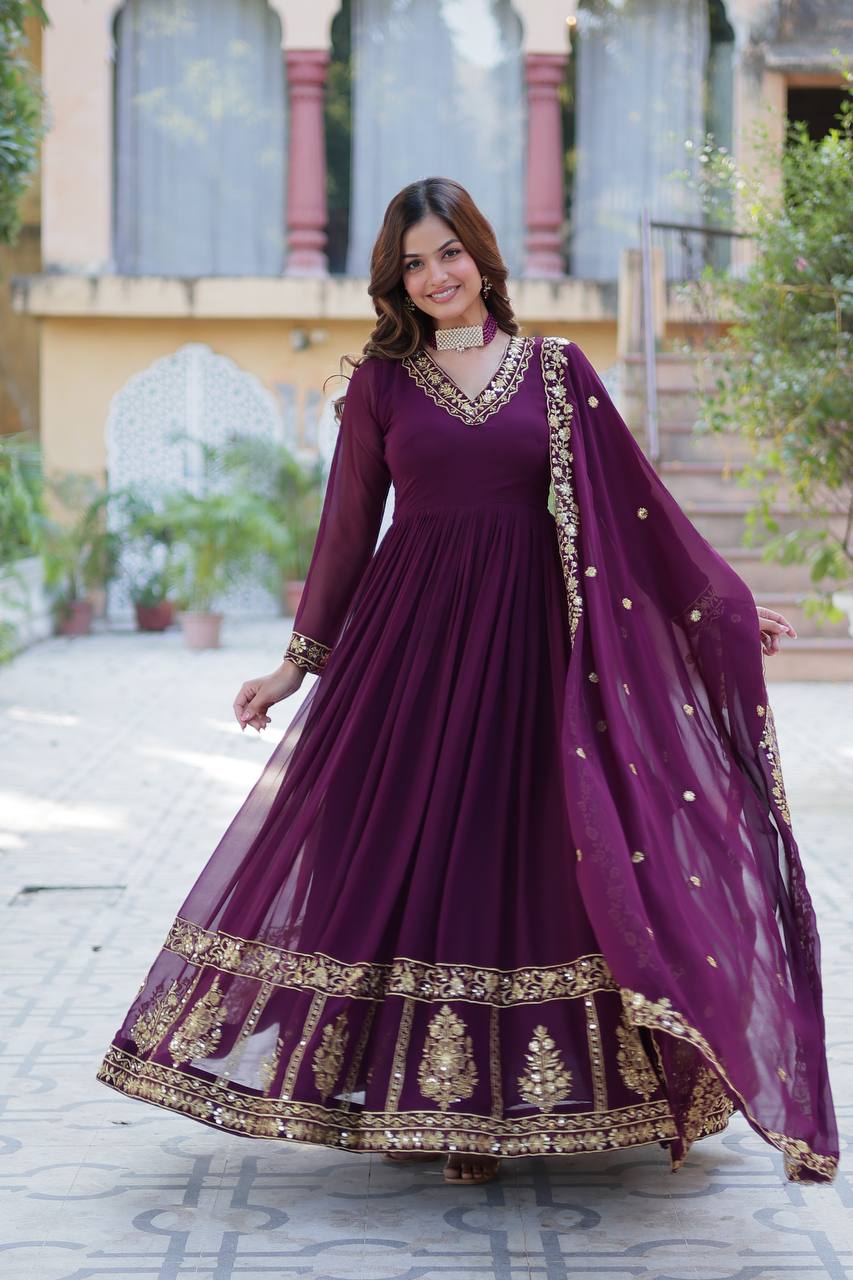 "Radiant Elegance: Faux Blooming Georgette Gown with Zari Thread & Sequins Embroidery"