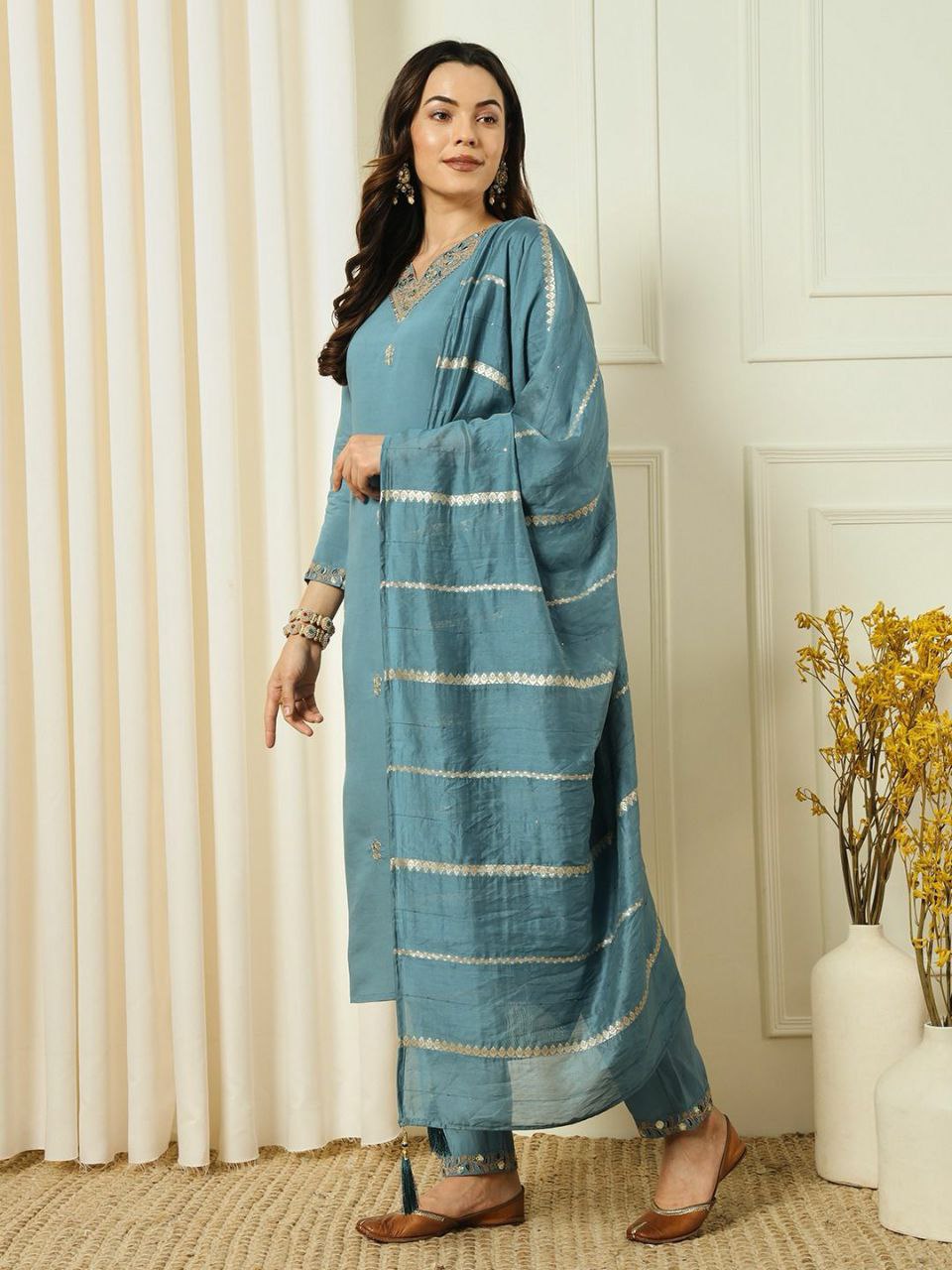 Denim Blue Roman Silk Kurti Set with Beautiful Embroidery and Sequence Work