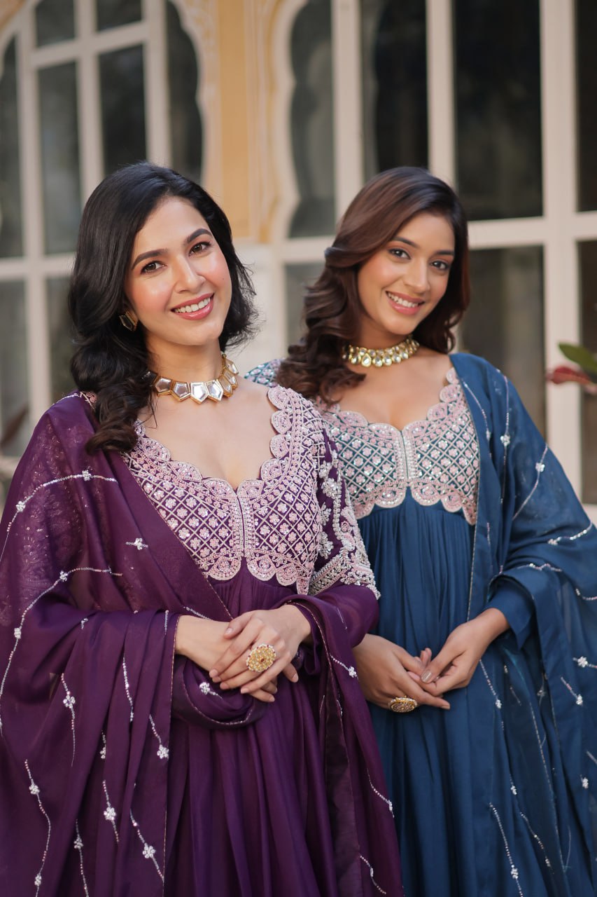 Elegant Star Georgette Embroidered Gown & Dupatta Set