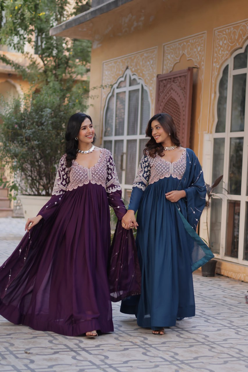 Elegant Star Georgette Embroidered Gown & Dupatta Set