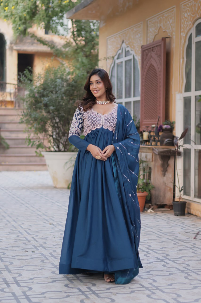 Elegant Star Georgette Embroidered Gown & Dupatta Set