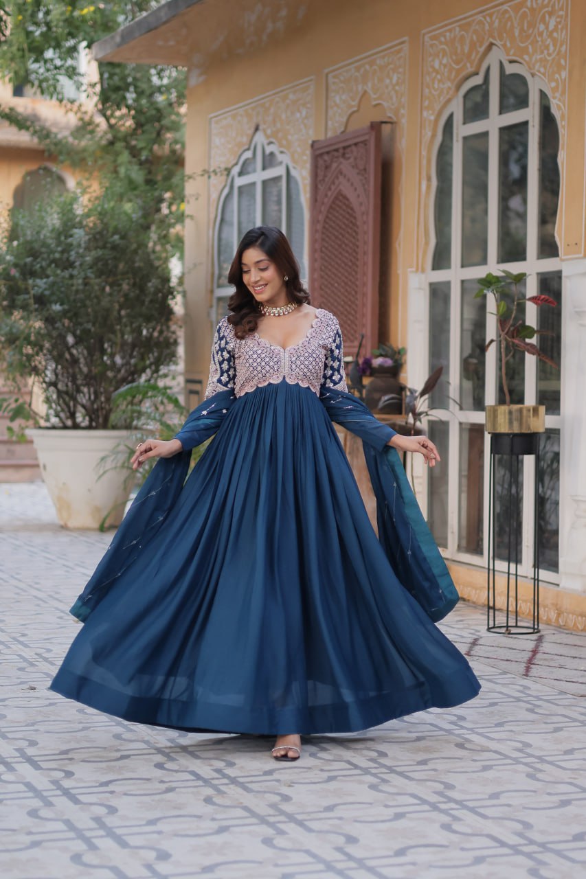 Elegant Star Georgette Embroidered Gown & Dupatta Set