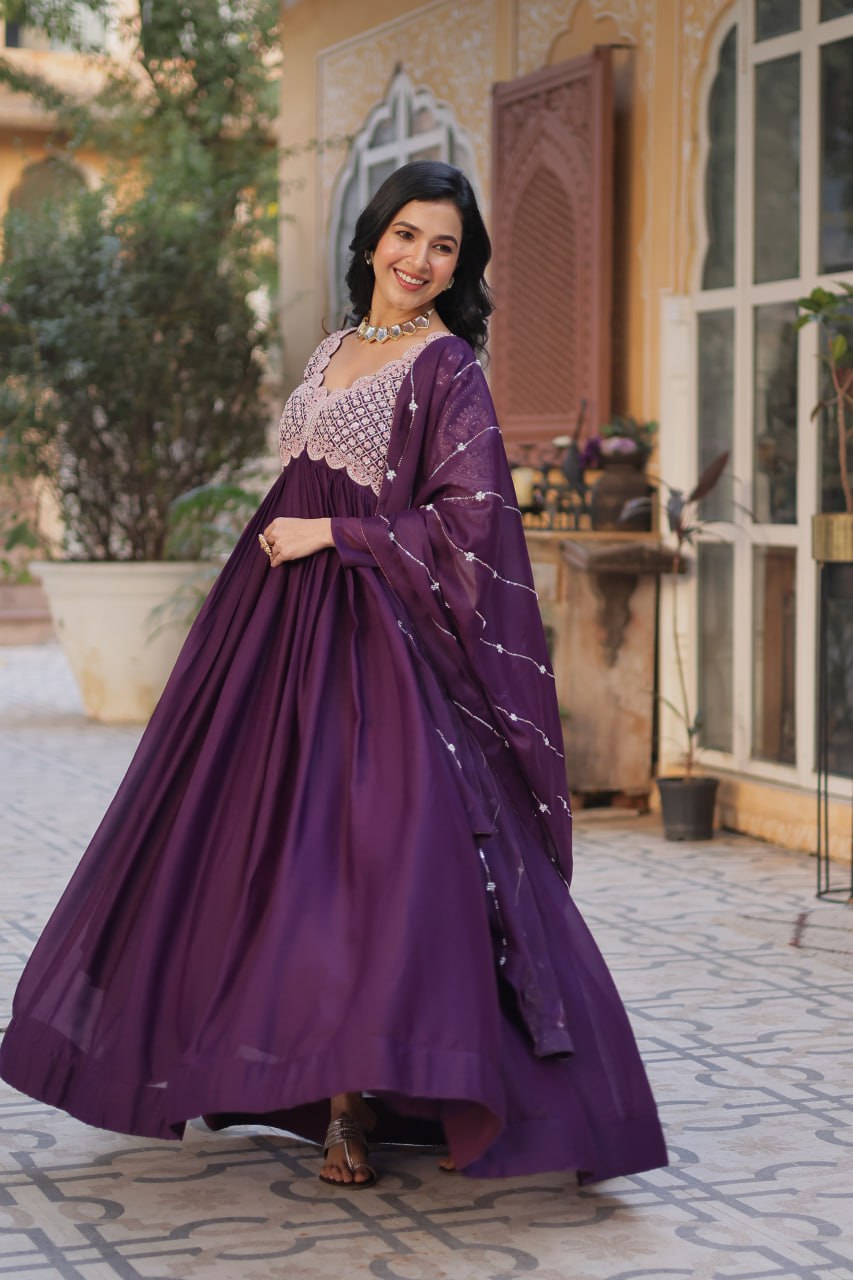 Elegant Star Georgette Embroidered Gown & Dupatta Set