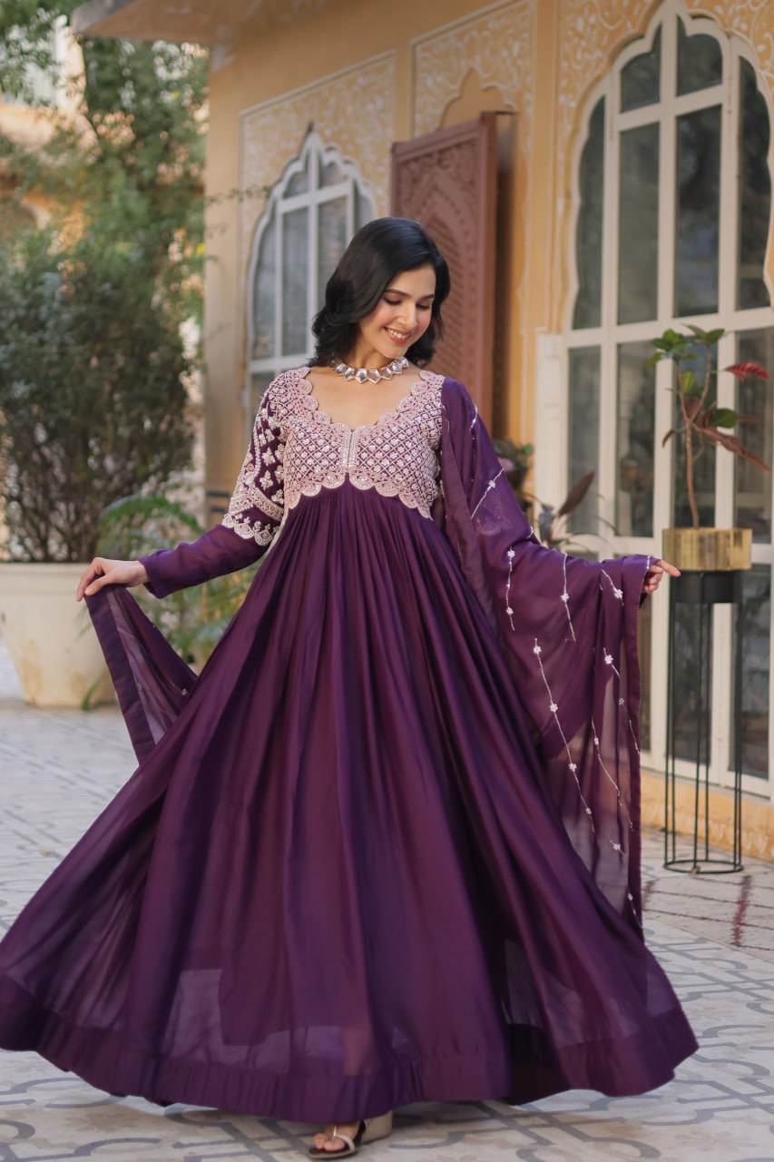 Elegant Star Georgette Embroidered Gown & Dupatta Set