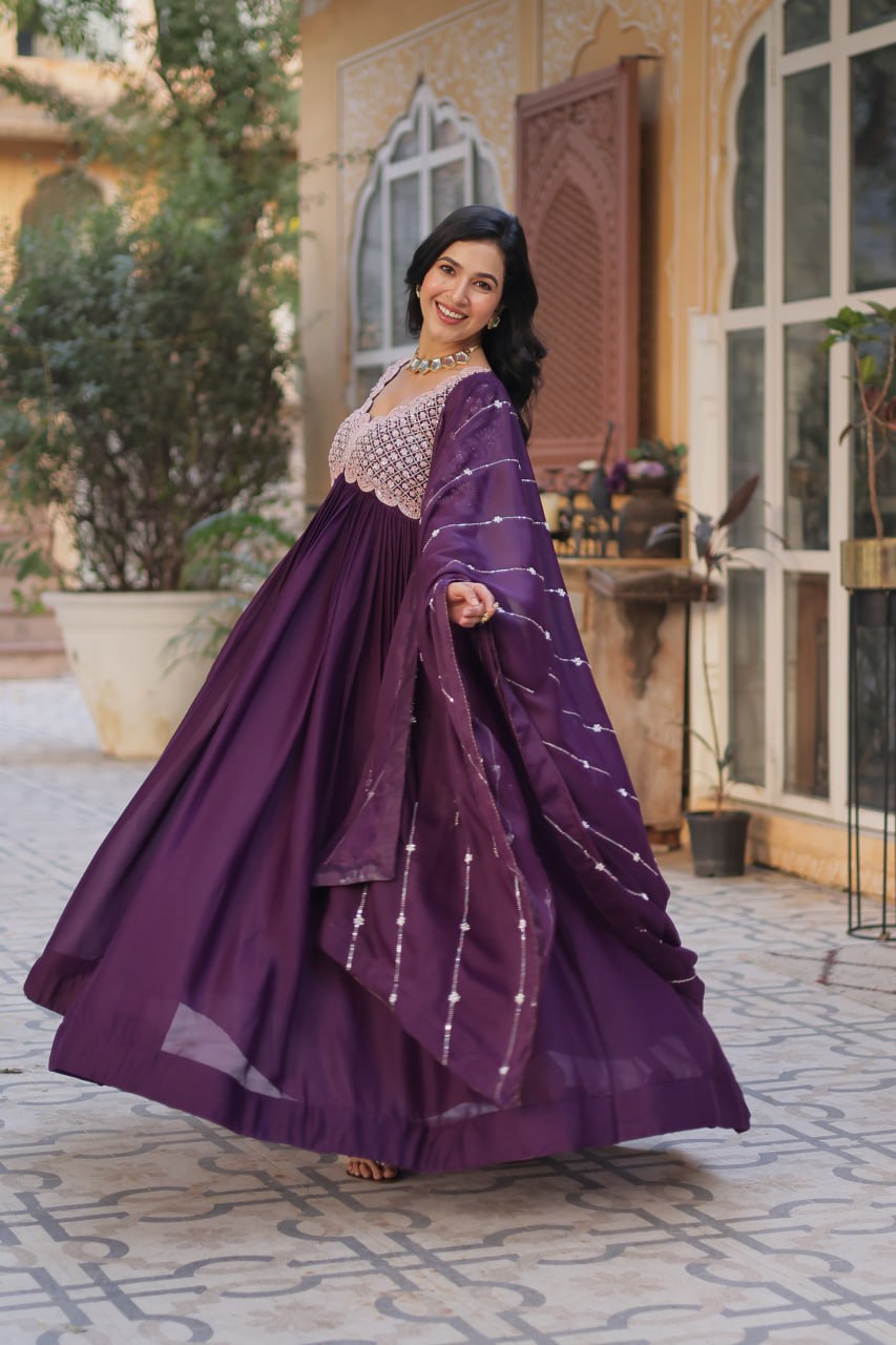 Elegant Star Georgette Embroidered Gown & Dupatta Set