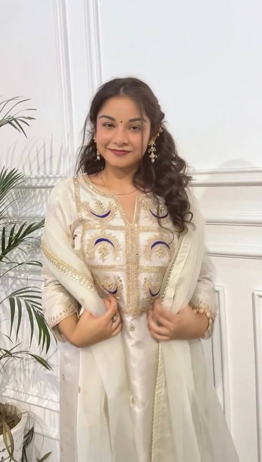 "Elegant Heavy Vichitra Silk Set with Embroidered Sequence Work – Fully Stitched Top, Bottom & Dupatta"