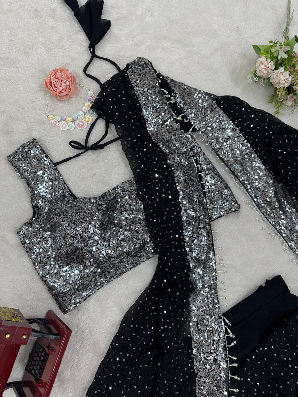 Elegant Foux Gorgette Lehenga Saree & Blouse Set