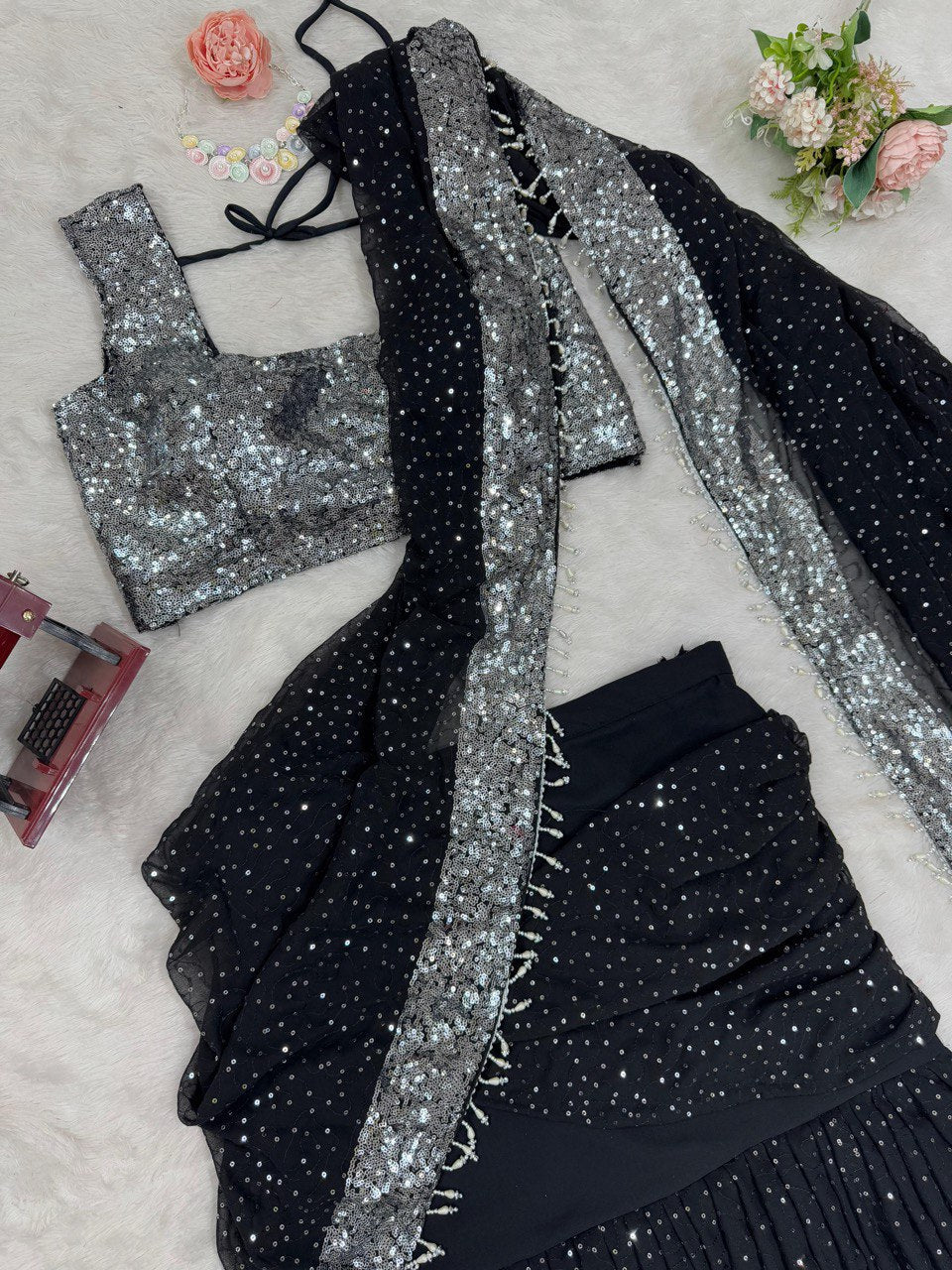 Elegant Foux Gorgette Lehenga Saree & Blouse Set