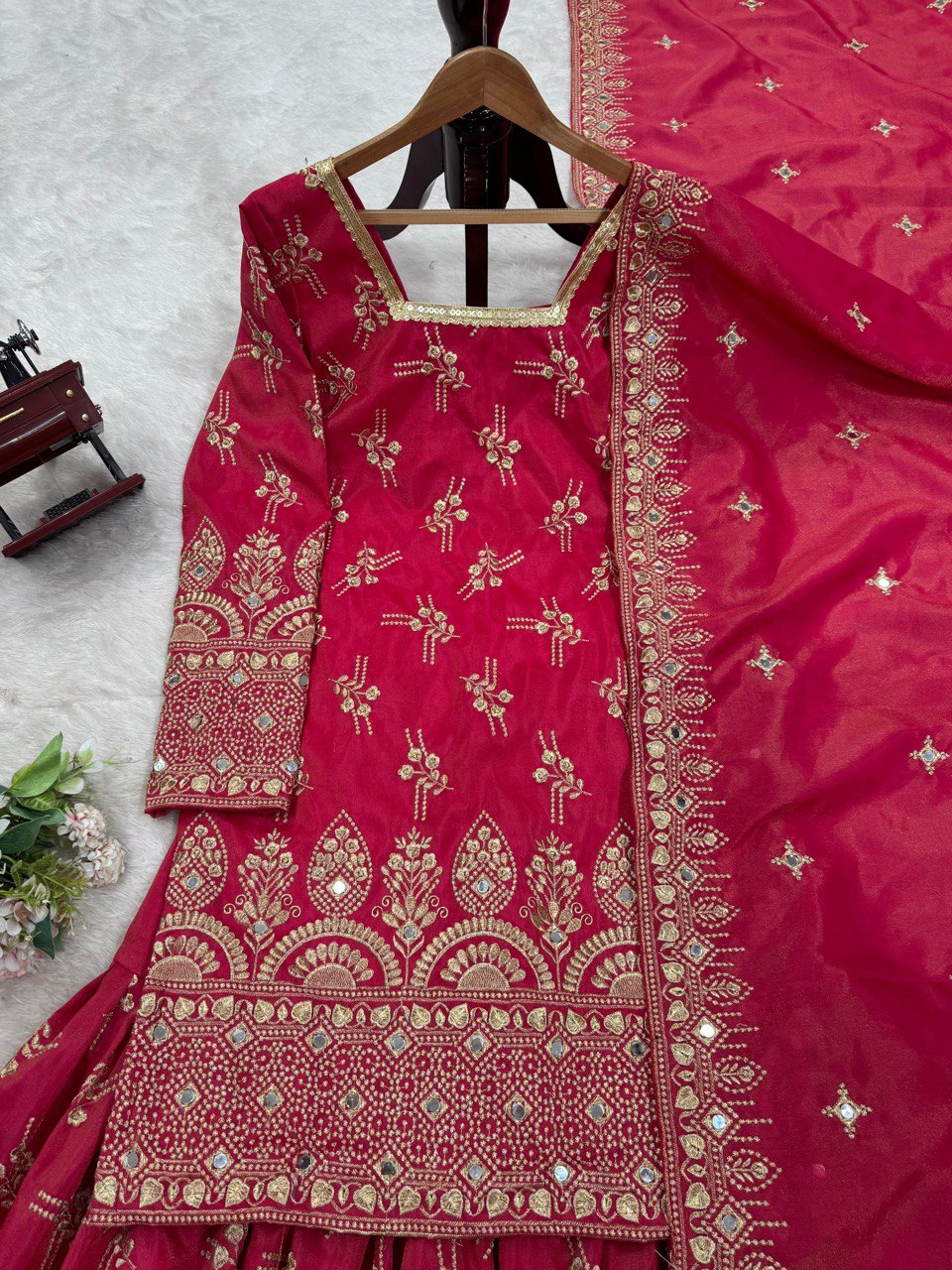 "Elegance in Silk: Mirror Work Sharara Set with Thread & Sequence Detailing"