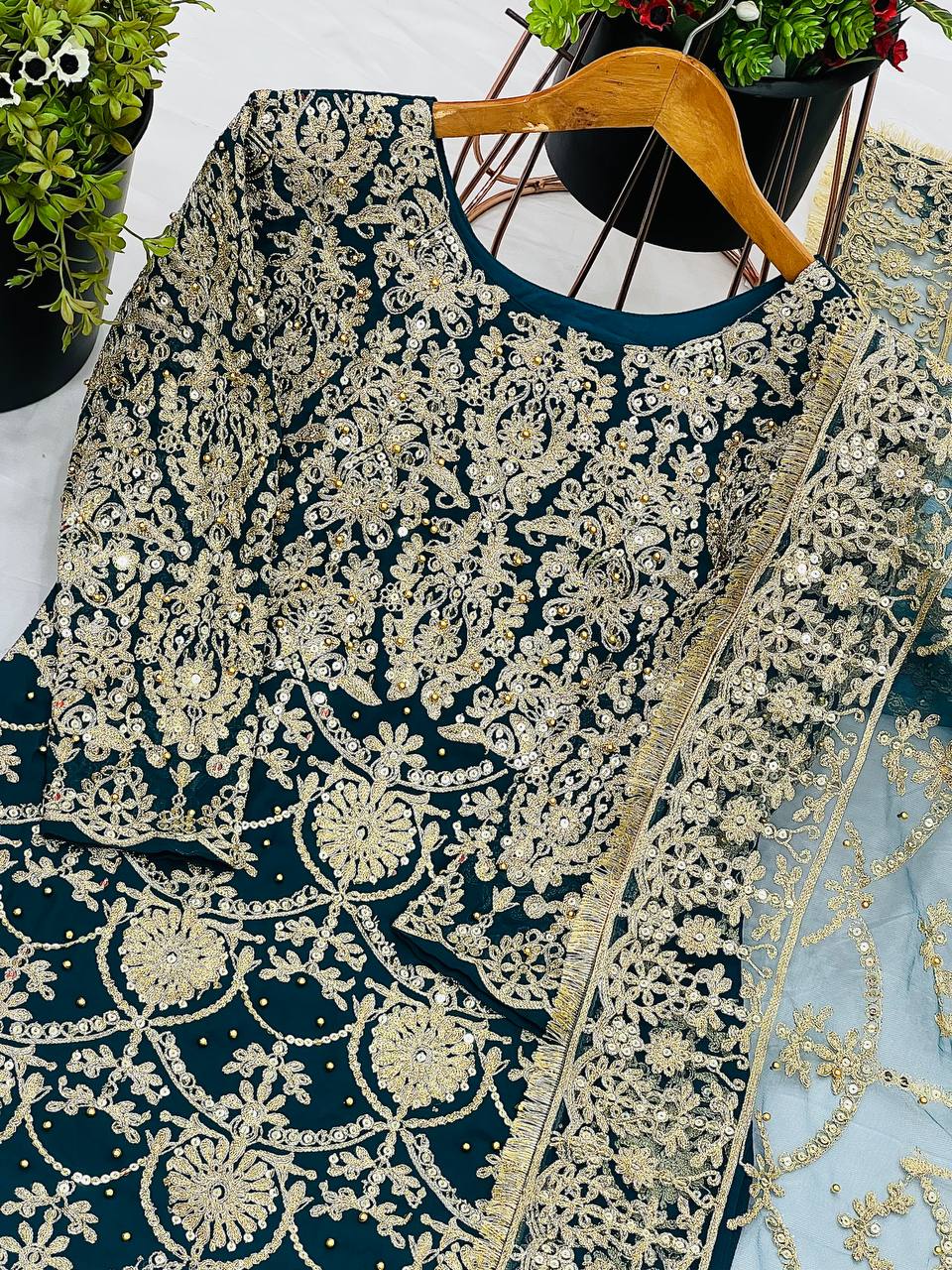 "Elegant Heavy Faux Georgette Embroidered Set with Beads & Sequence Work"