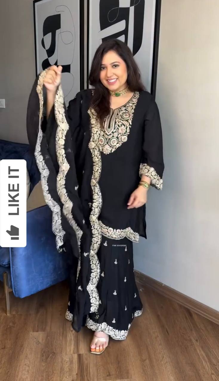 "Elegance Redefined: Pure Chinnon Silk Embroidered Top, Plazzo & Dupatta Set"