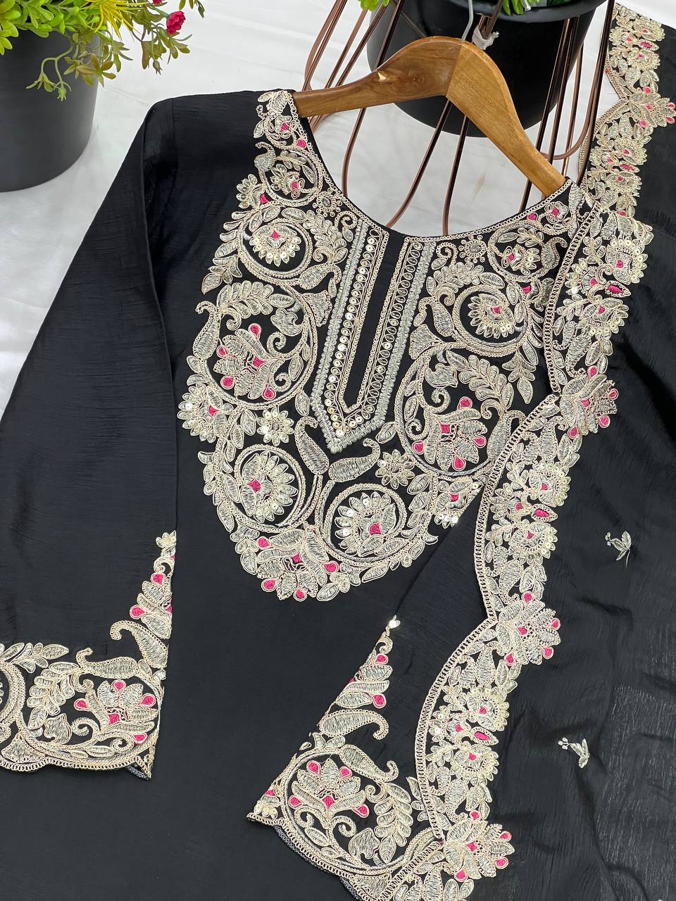 "Elegance Redefined: Pure Chinnon Silk Embroidered Top, Plazzo & Dupatta Set"