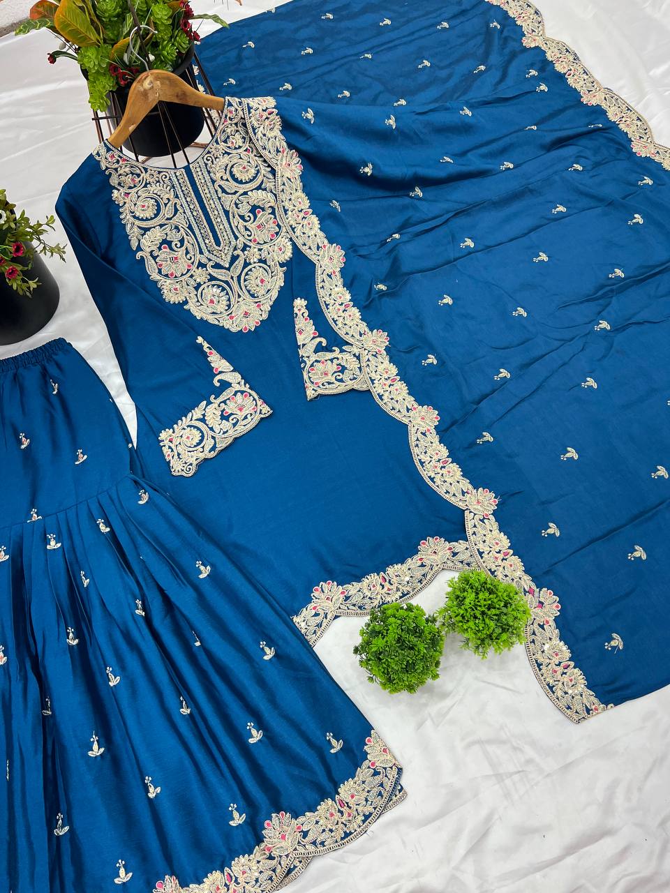 "Elegance Redefined: Pure Chinnon Silk Embroidered Top, Plazzo & Dupatta Set"