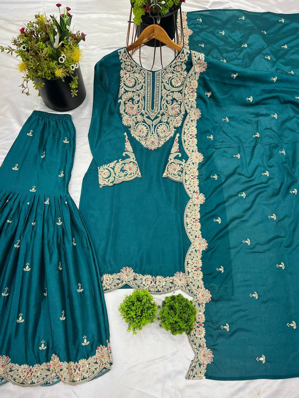 "Elegance Redefined: Pure Chinnon Silk Embroidered Top, Plazzo & Dupatta Set"