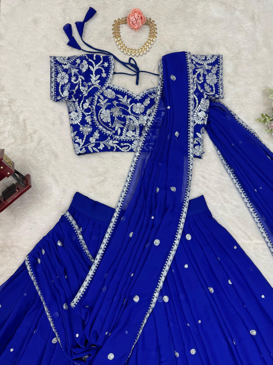 "Elegant Faux Georgette Lehenga Saree & Choli Set with Sequins & Ruffle Style"