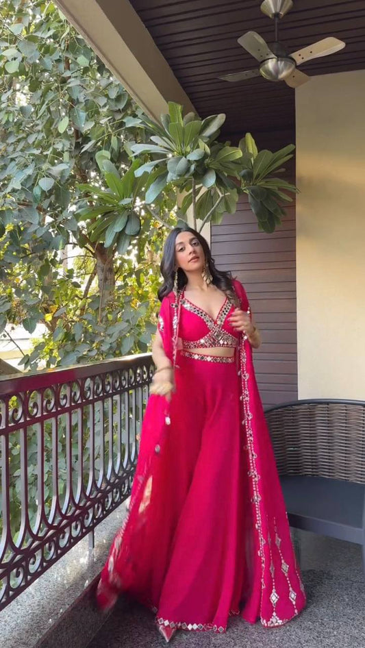 "Mirror Work Georgette Blouse, Palazzo & Shrug Set"