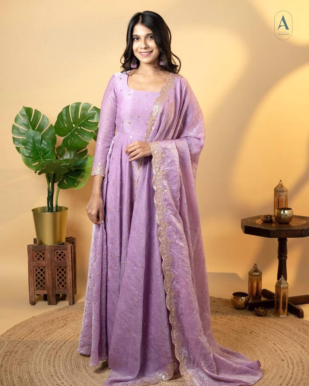 "Beautiful Embroidered Soft Gold Crush Silk Umbrella Gown with Dupatta"