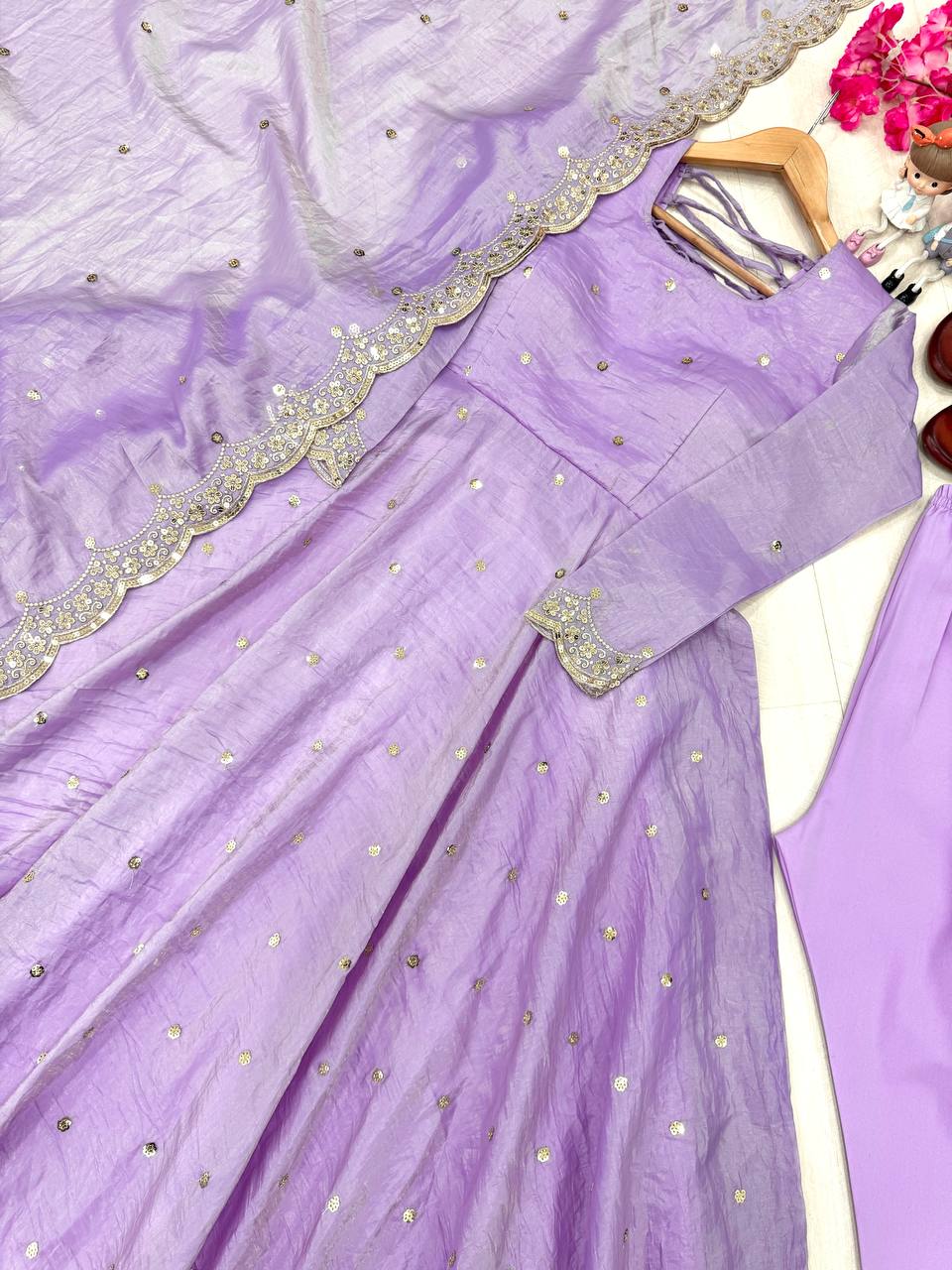 "Beautiful Embroidered Soft Gold Crush Silk Umbrella Gown with Dupatta"