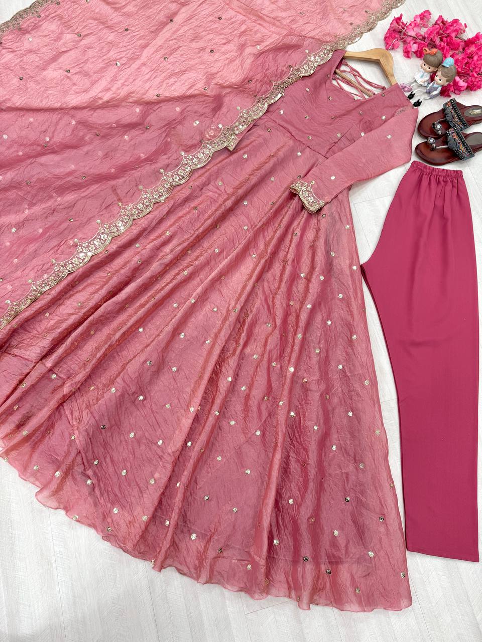 "Beautiful Embroidered Soft Gold Crush Silk Umbrella Gown with Dupatta"
