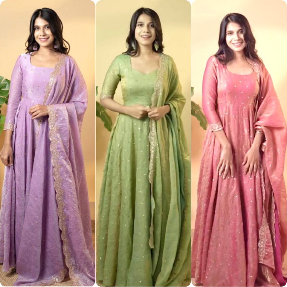 "Beautiful Embroidered Soft Gold Crush Silk Umbrella Gown with Dupatta"