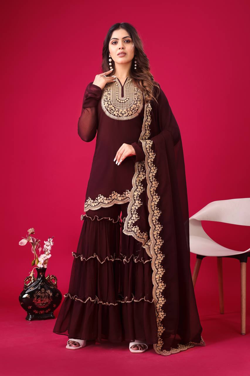 "Elegant Blooming Faux Georgette Set with Heavy Embroidery & Sequence Work"