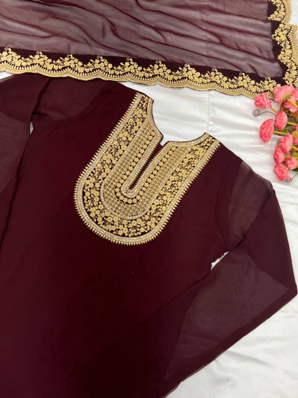 "Elegant Blooming Faux Georgette Set with Heavy Embroidery & Sequence Work"