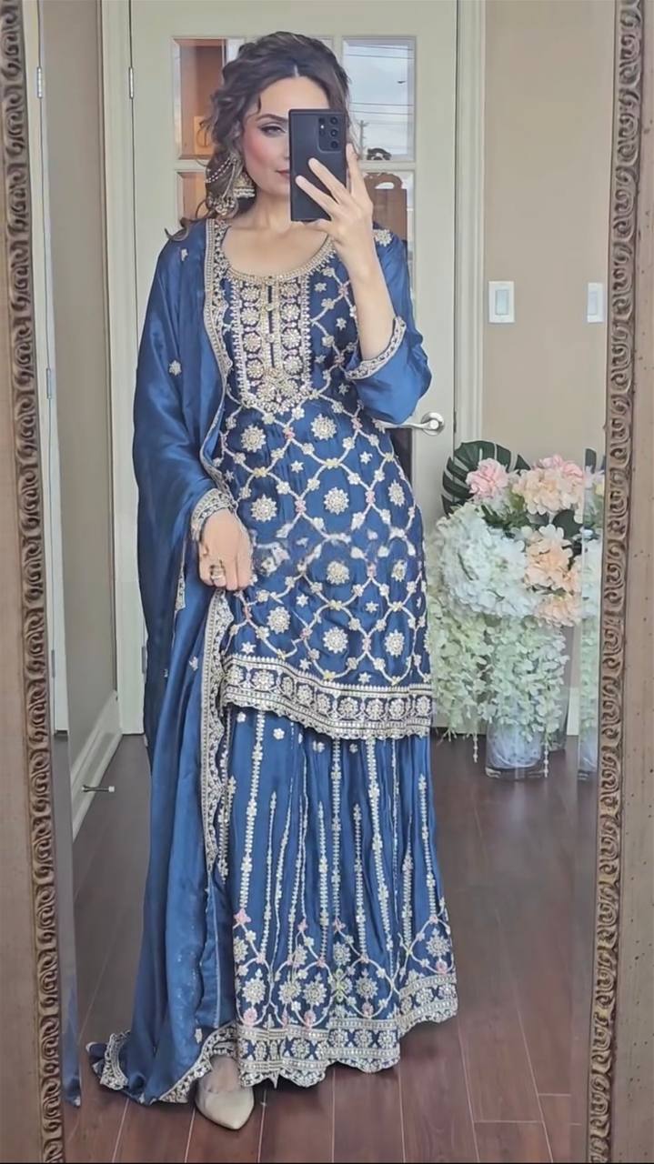 "Elegant Pure Heavy Chinnon Silk Set with Intricate Embroidery and Lace Border Dupatta"