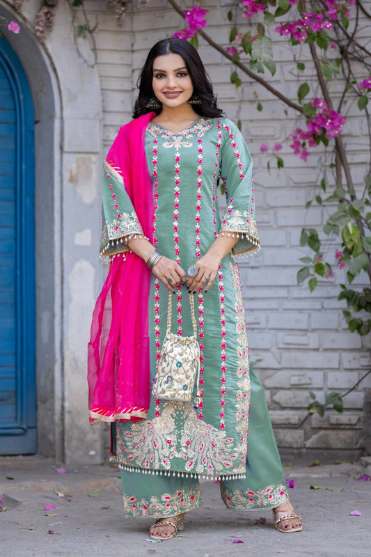 "Luxurious Heavy Roman Silk Top & Plazzo Set with Fancy Handwork & Organza Dupatta"