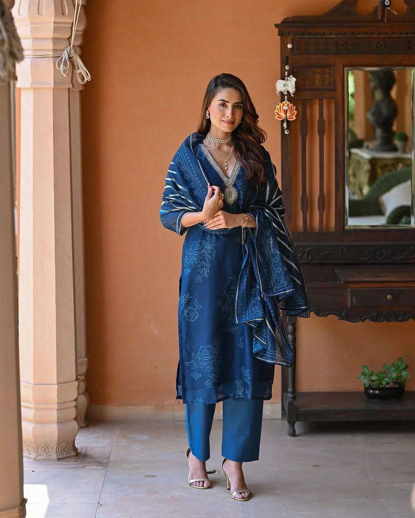 "Elegant Pure Rayon Embroidered Kurti Set with Taby Silk Dupatta – Orange & Blue"