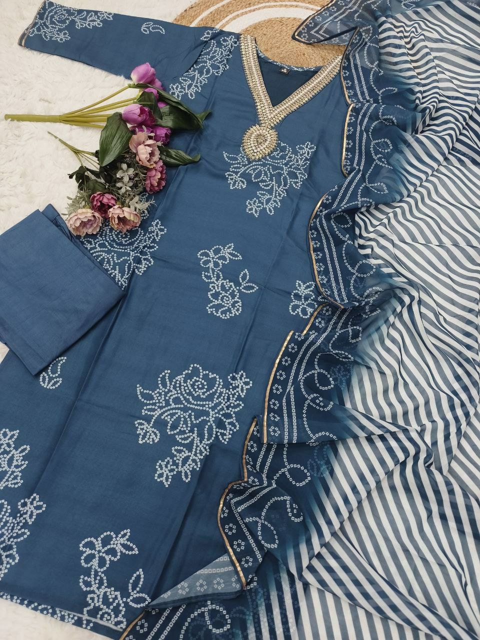 "Elegant Pure Rayon Embroidered Kurti Set with Taby Silk Dupatta – Orange & Blue"