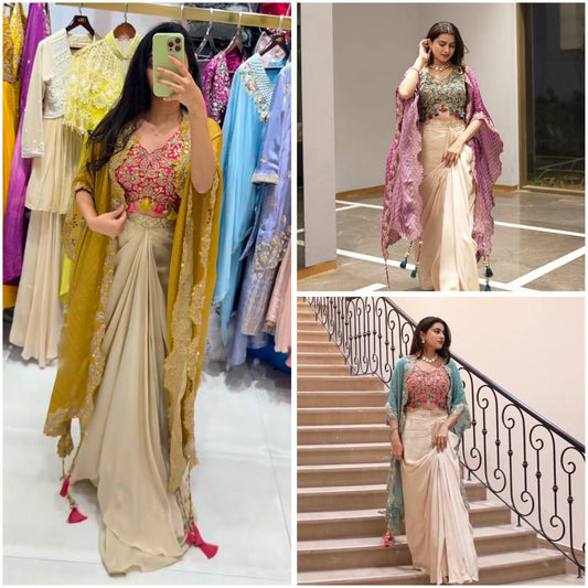 "Elegant Sequence Embroidered Ensemble: Tube Blouse, Draped Skirt & Shrug"